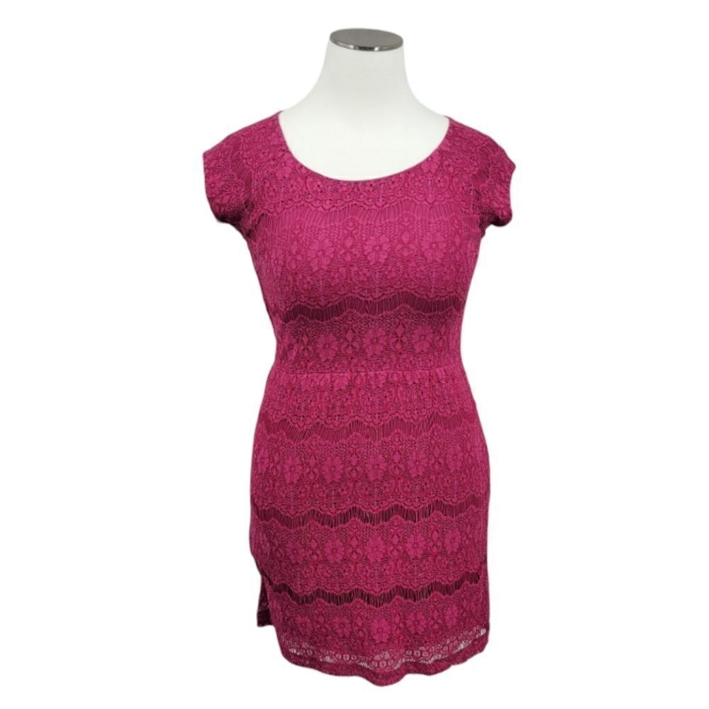 Garnet Hill Raspberry Pink Lace Dress Cap Sleeves Sheath Midi